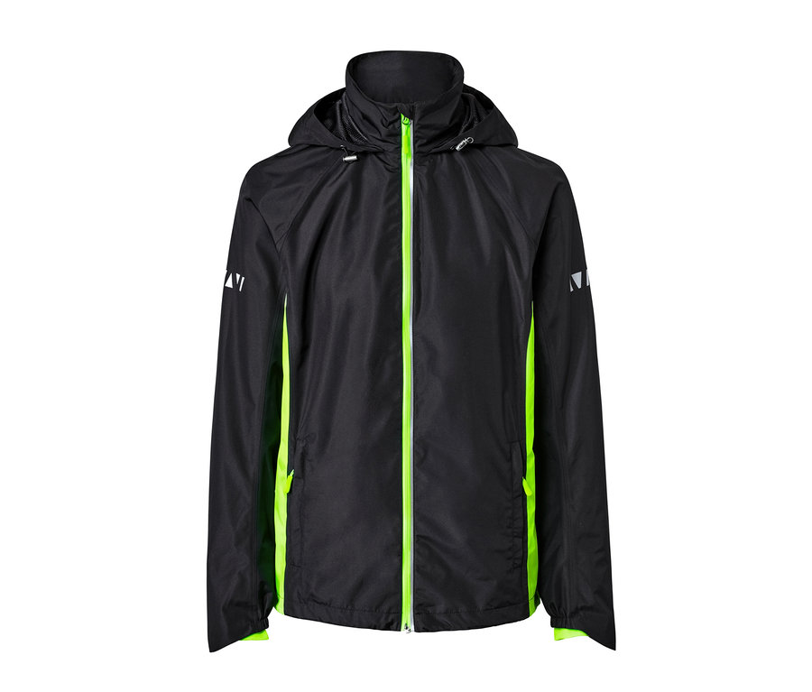 Schwarze Velo-Regenjacke mit neon-grünem Reißverschluss.