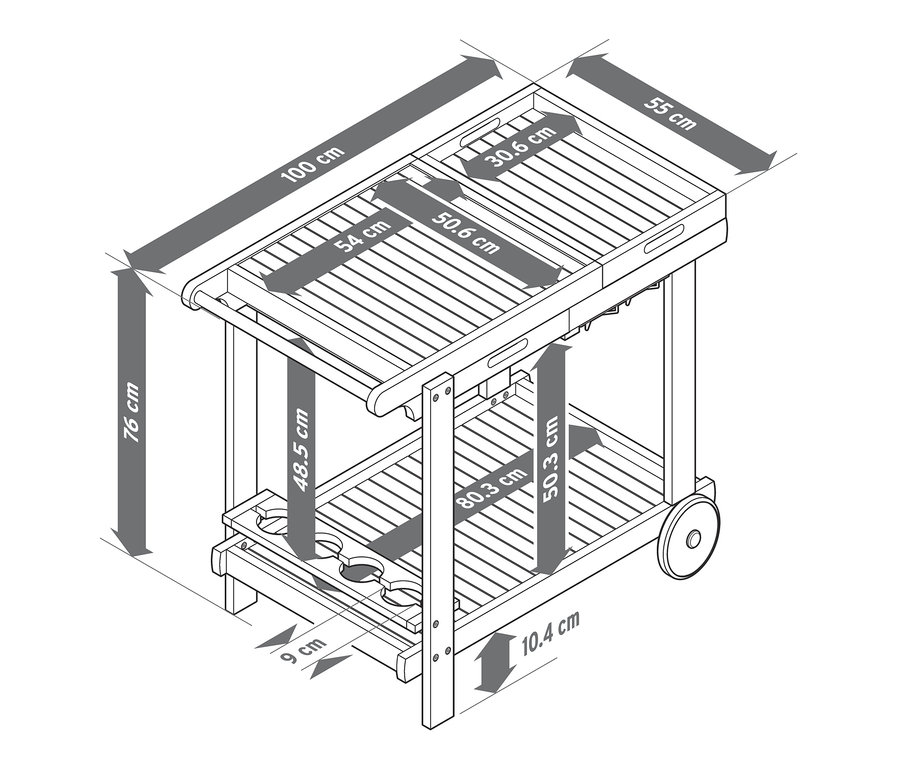 Eine Skizze des Grillwagens »Leira« mit 2 herausnehmbaren Tabletts und Abmessungen.