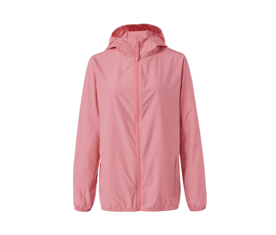 Eine pinke, packable Funktionsjacke mit Reißverschluss und Kapuze.