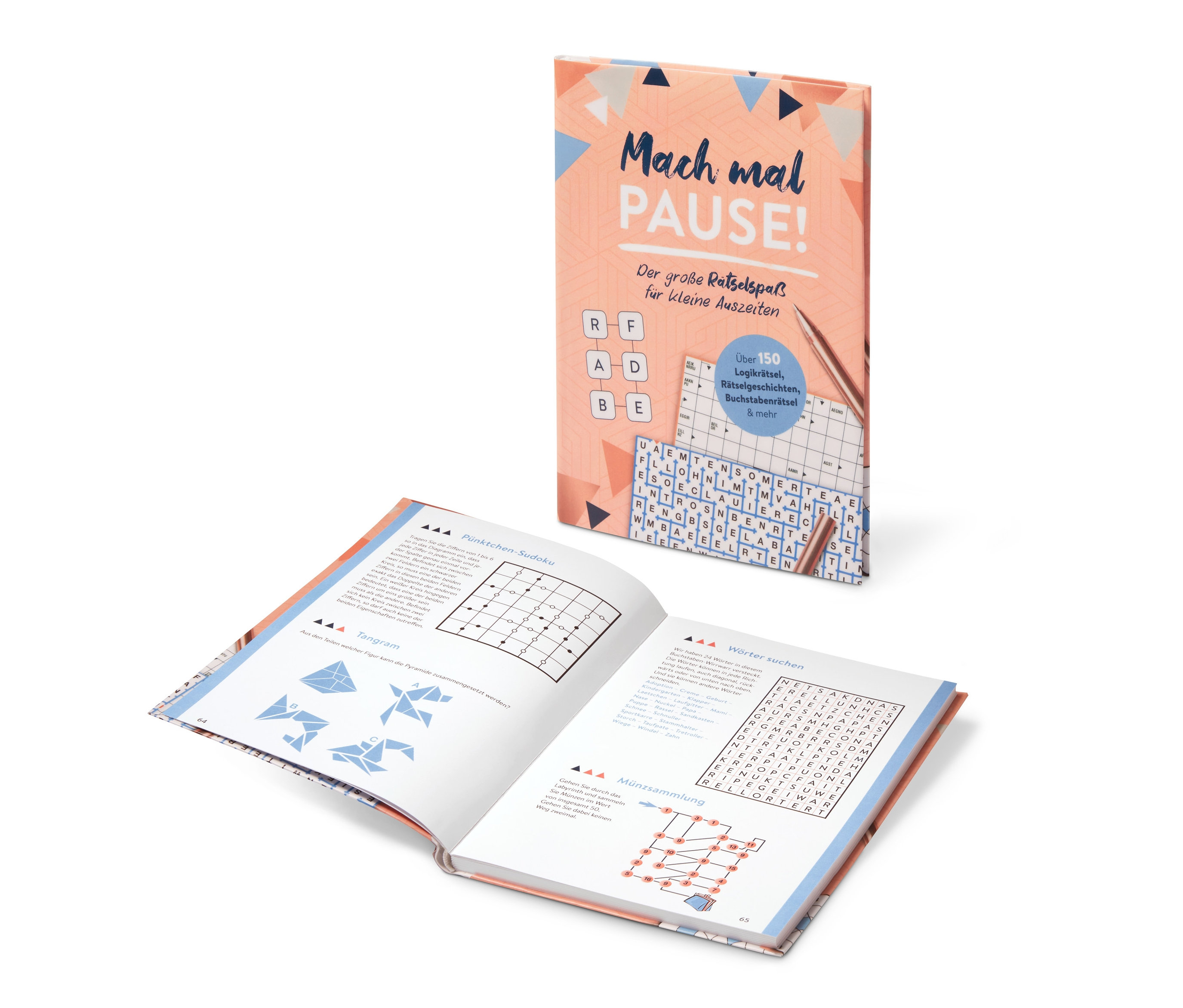 Offenes Rätselbuch und Buch »Mach mal Pause!« im Hintergrund.