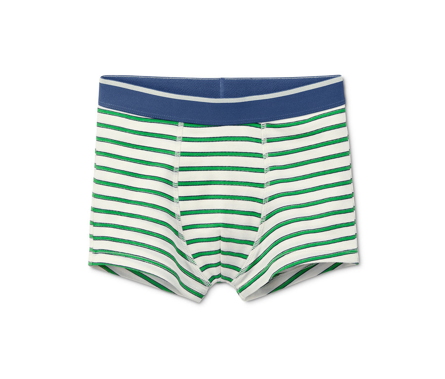 Eine einzelne Jungen-Slipboxer aus Bio-Baumwolle mit grün-weißen Streifen und blauem Bund.
