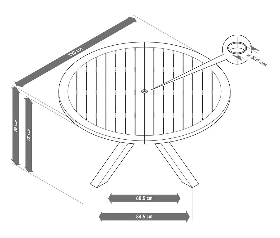 Zeichnung von Premium-Gartentisch aus Teakholz mit Maßangaben, einschließlich 72 cm Höhe und 150 cm Durchmesser.
