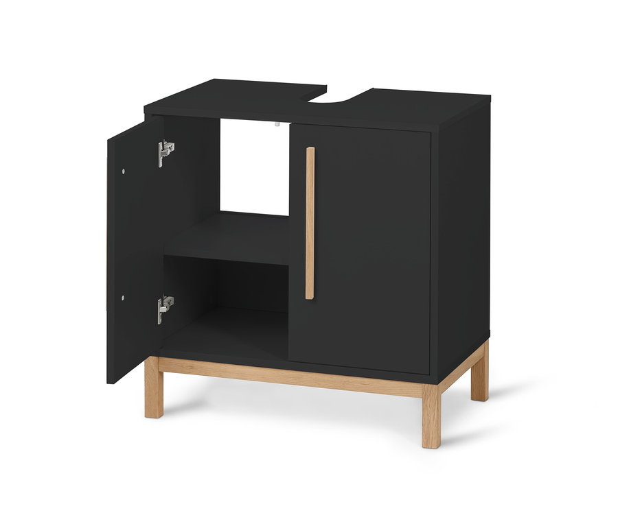 Anthrazitfarbener Waschbeckenunterschrank »Eklund« mit geöffneter Tür.