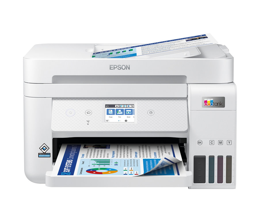 Nahaufnahme eines weißen Epson Multifunktionsdruckers mit eingelegtem Papier.