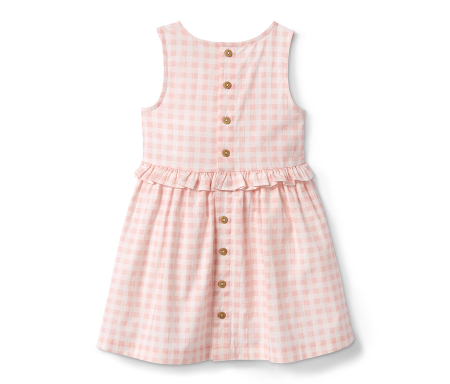 Rosa-weiß kariertes Kleid mit Knöpfen, Rüschen und passendem Hut.