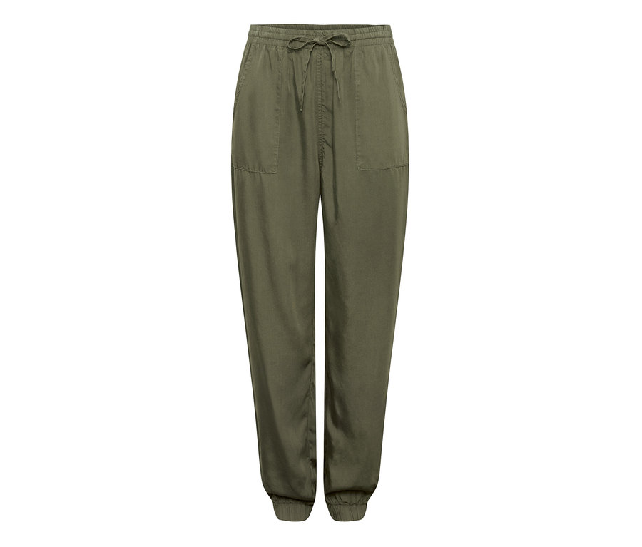 Khakifarbene Cargohose mit Kordelzug in der Taille.