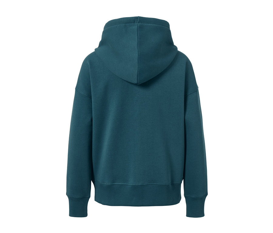 Rückansicht der dunkelsmaragdgrünen Sweatjacke.