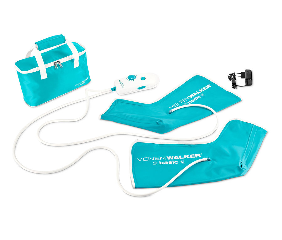 VITALmaxx-Therapiegerät »VenenWalker Basic« in türkiser Tasche mit weißen Griffen, zwei Beinmanschetten, Bedienelement und Netzteil.