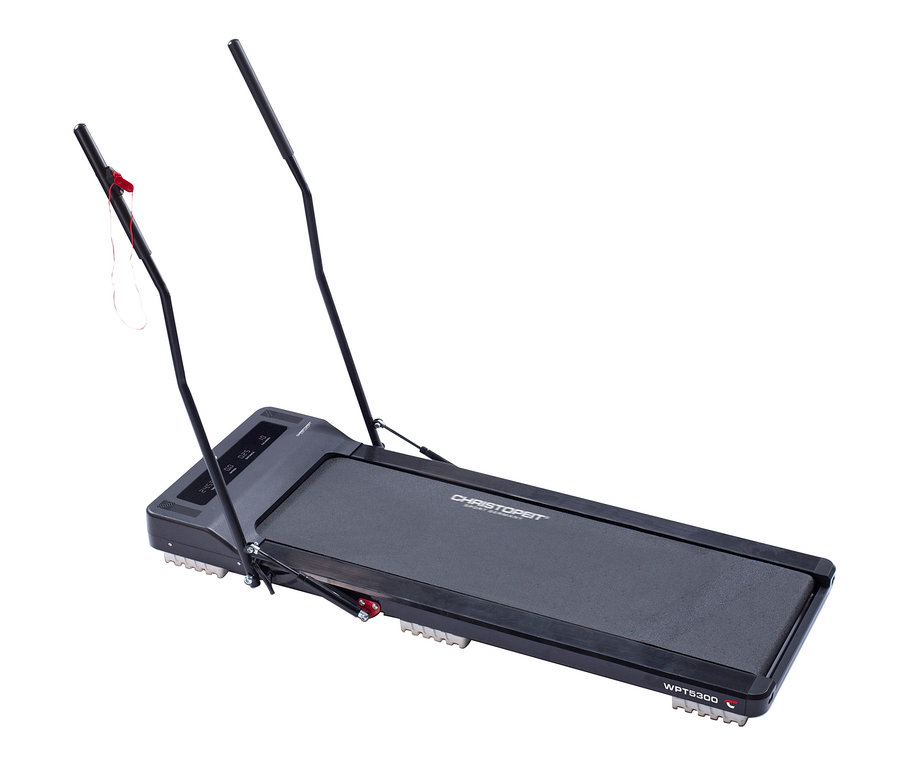 Schwarzes Christopeit-Sport-Walking-Pad »WPT 5300« mit Walking-Stöcken.