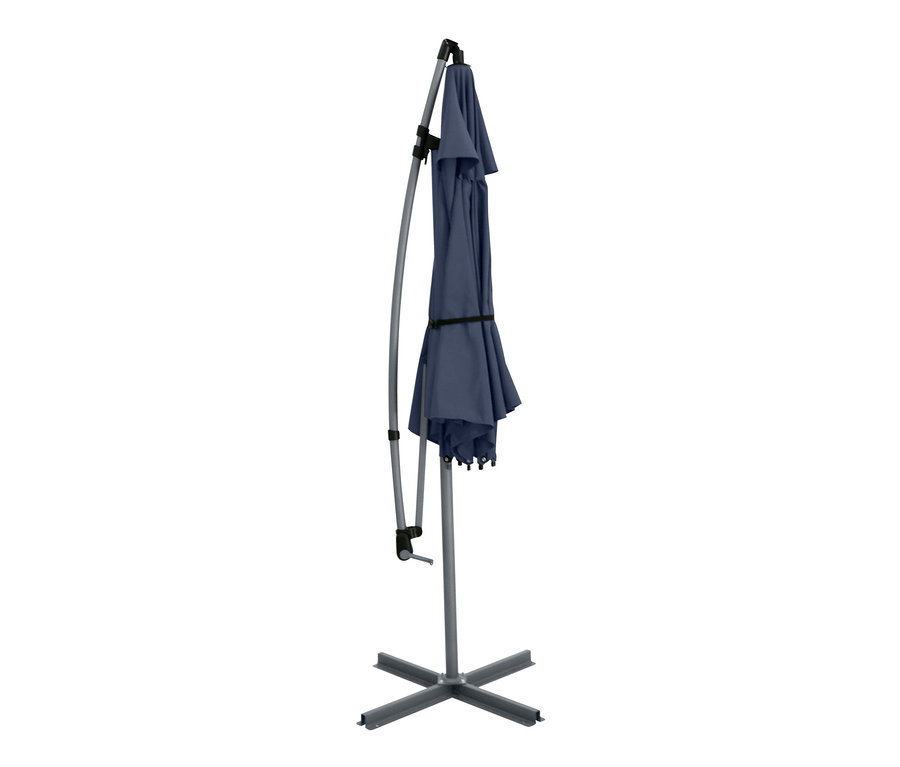 Zusammengefalteter anthrazitfarbener Leco Ampelschirm, Ø ca. 300 cm.