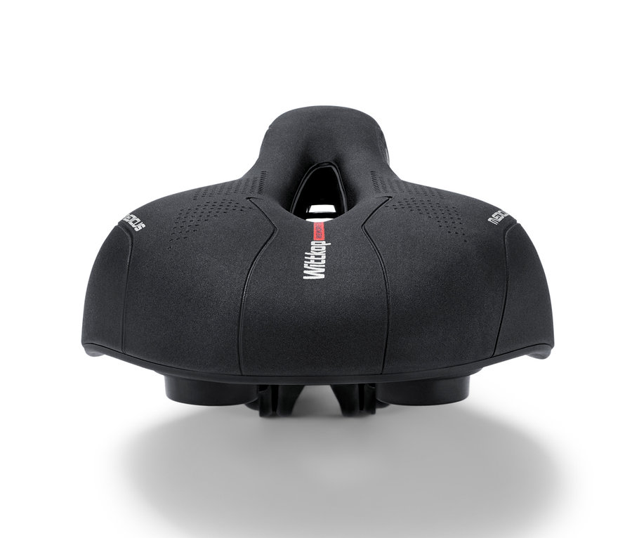 Detailaufnahme eines schwarzen Fahrradsattels.