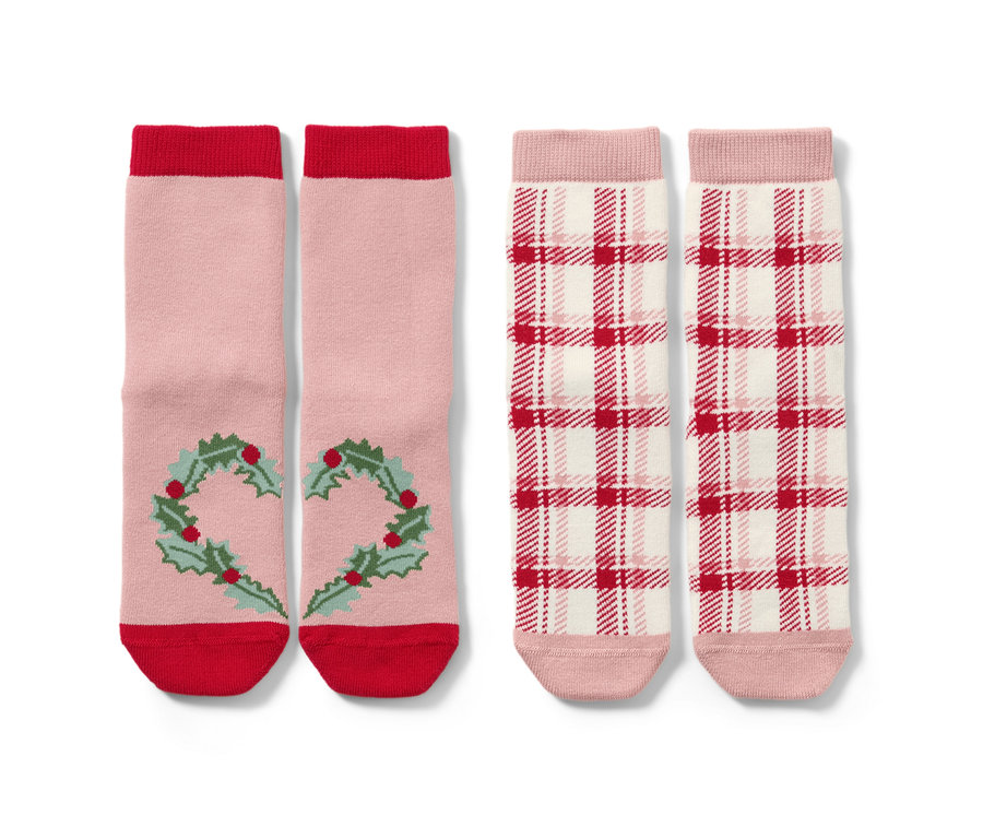 Zwei Paar Kleinkinder-Antirutsch-Socken mit Herz-Jacquard.