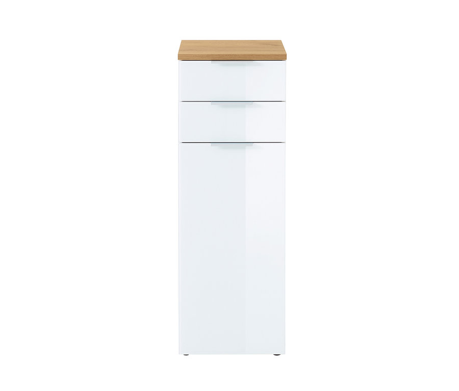 Weißer »Pescara« Schrank mit brauner Holzplatte.
