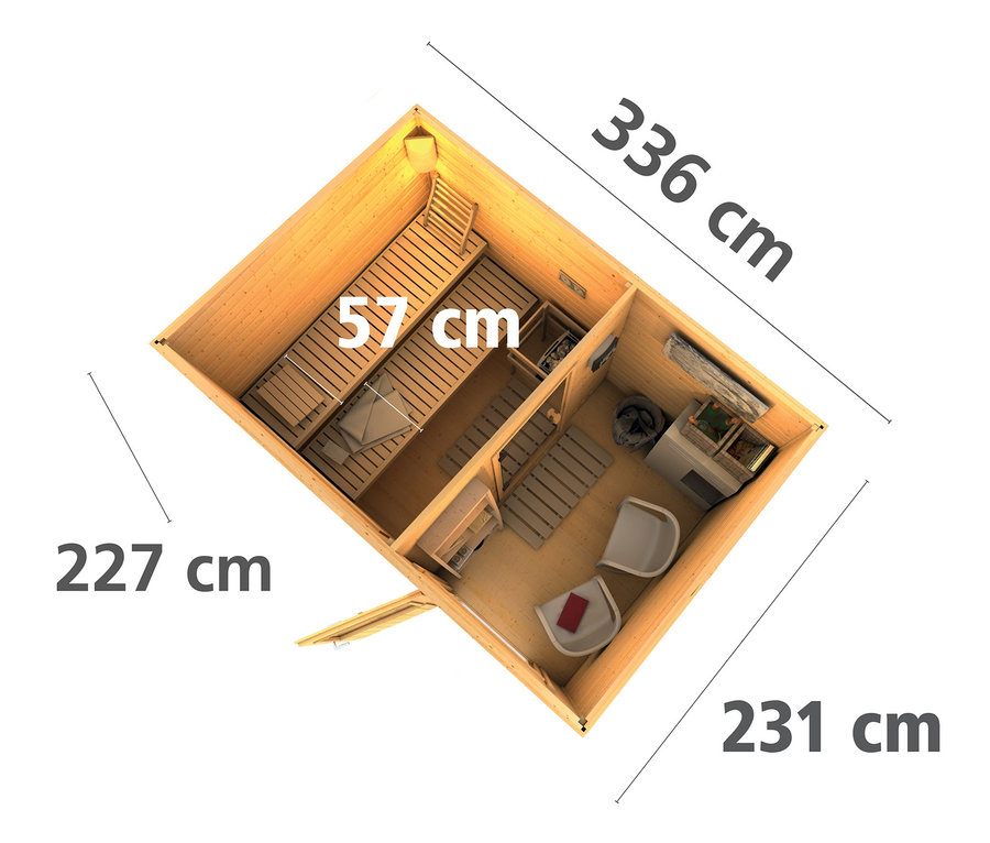 Grundriss des Karibu-Saunahauses »Logan 2« mit den Maßen 336 x 231 x 227 cm und 57 cm Bänken.