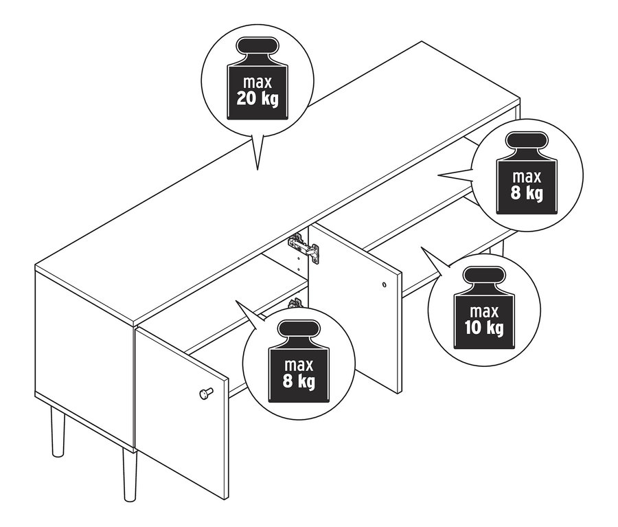 Lowboard mit 2 Türen und 2 offenen Fächern mit Angabe der maximalen Belastbarkeit.