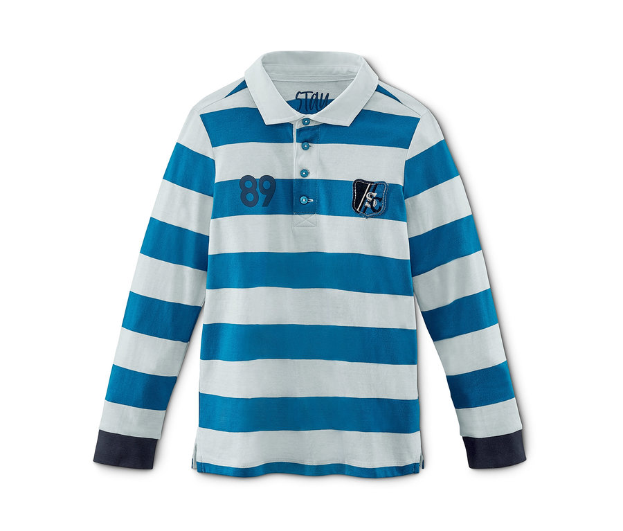 Ein Rugbyshirt mit blau-weißen Streifen, langen Ärmeln, der Zahl 89 und einem Aufnäher.