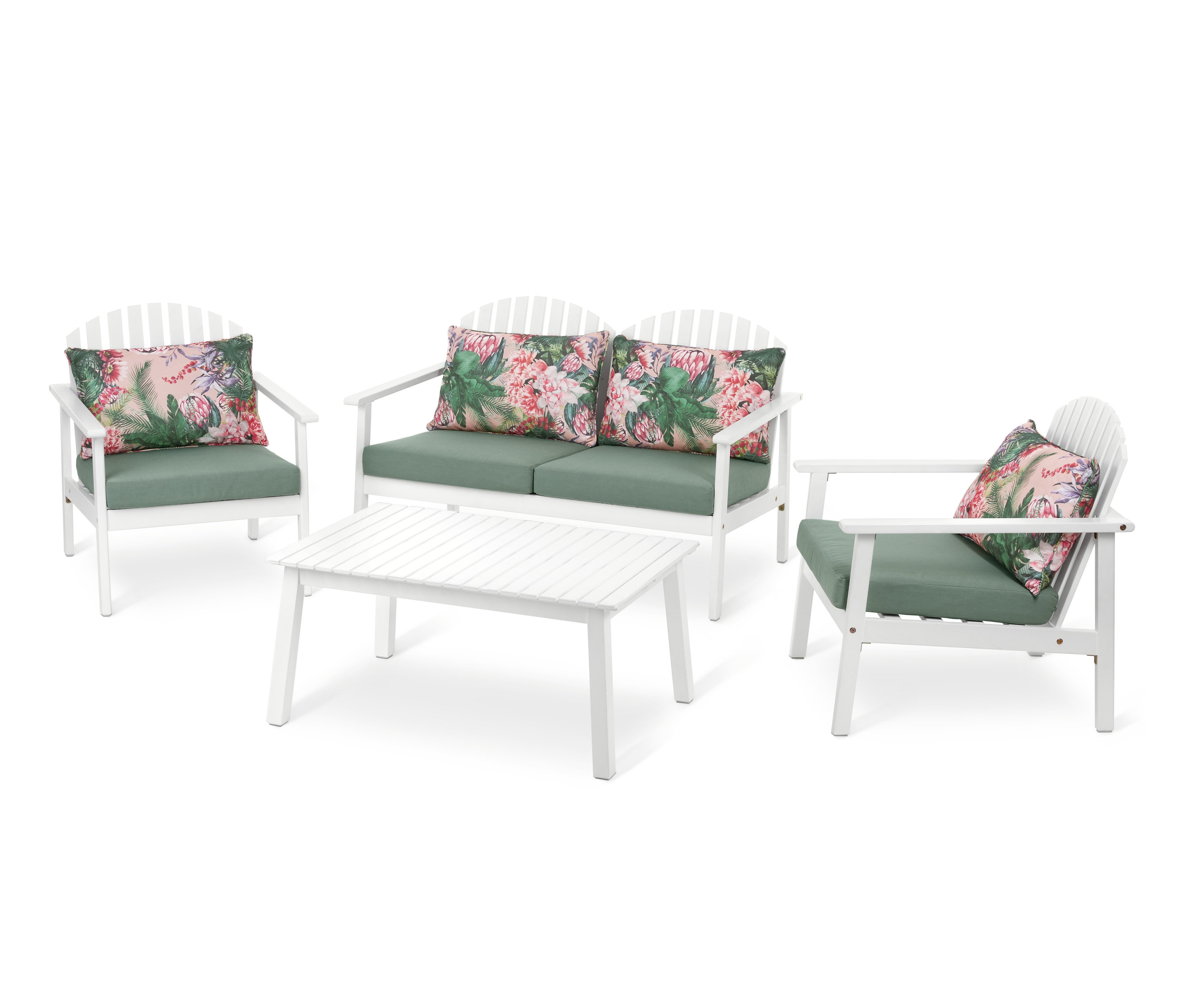 Gartensofa-Set »Santorini« mit weißem Rahmen, grünen Kissen und floralen Polstern.