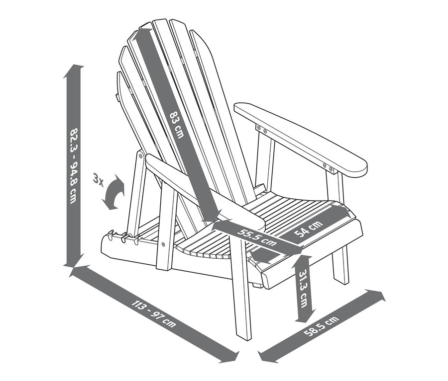 Abbildung eines einzelnen Adirondack Relax-Sessels mit ausziehbarer Fußlehne und Bemaßungen.