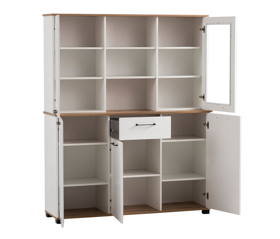 Ein offener, zweiteiliger, weißer Schrank mit einer hölzernen Oberseite und Regalen. Sichtbar ist der Buffetschrank »Jelda«.