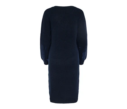 Dunkelblaues Strickkleid mit Pailletten.