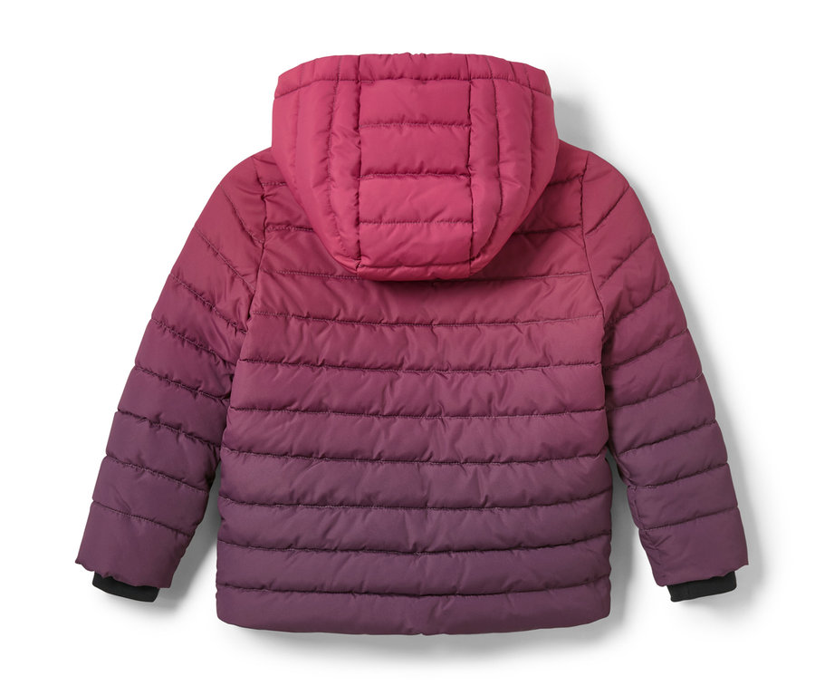 Rückansicht einer Kinder-Steppjacke mit Kapuze in einem Farbverlauf von Pink zu Lila.