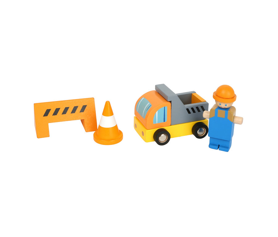 Orangefarbene Absperrung, Verkehrskegel, Lastwagen und hölzerne Arbeiterfigur des small foot Baukran mit Baustellenzubehör.
