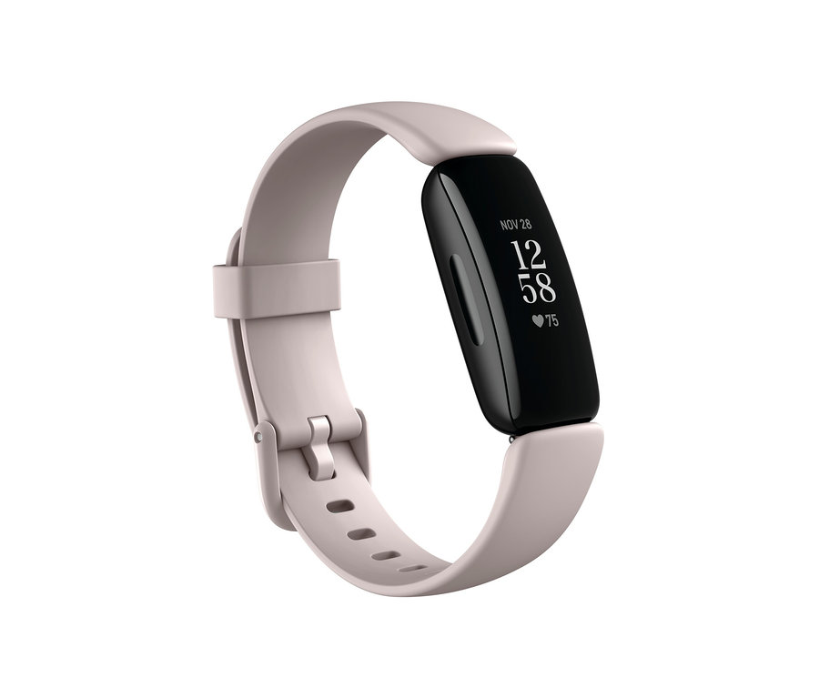 Nahaufnahme des Fitbit Inspire 2 Fitness Trackers in Mondweiß/Schwarz, inklusive zusätzlichem Fitbit-Armband.