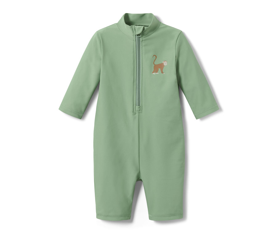 Grüner Baby-Einteiler mit UV-Schutz 80 und braunem Affen-Applikation.