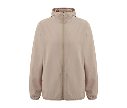 Beige Funktionsjacke »pack me« mit Kapuze und Reißverschluss in der Mitte.