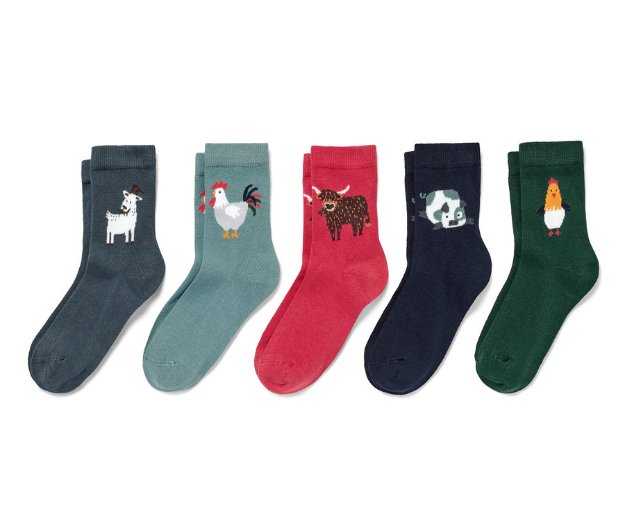 Fünf Paar Kinder-Socken mit Tiermotiven.
