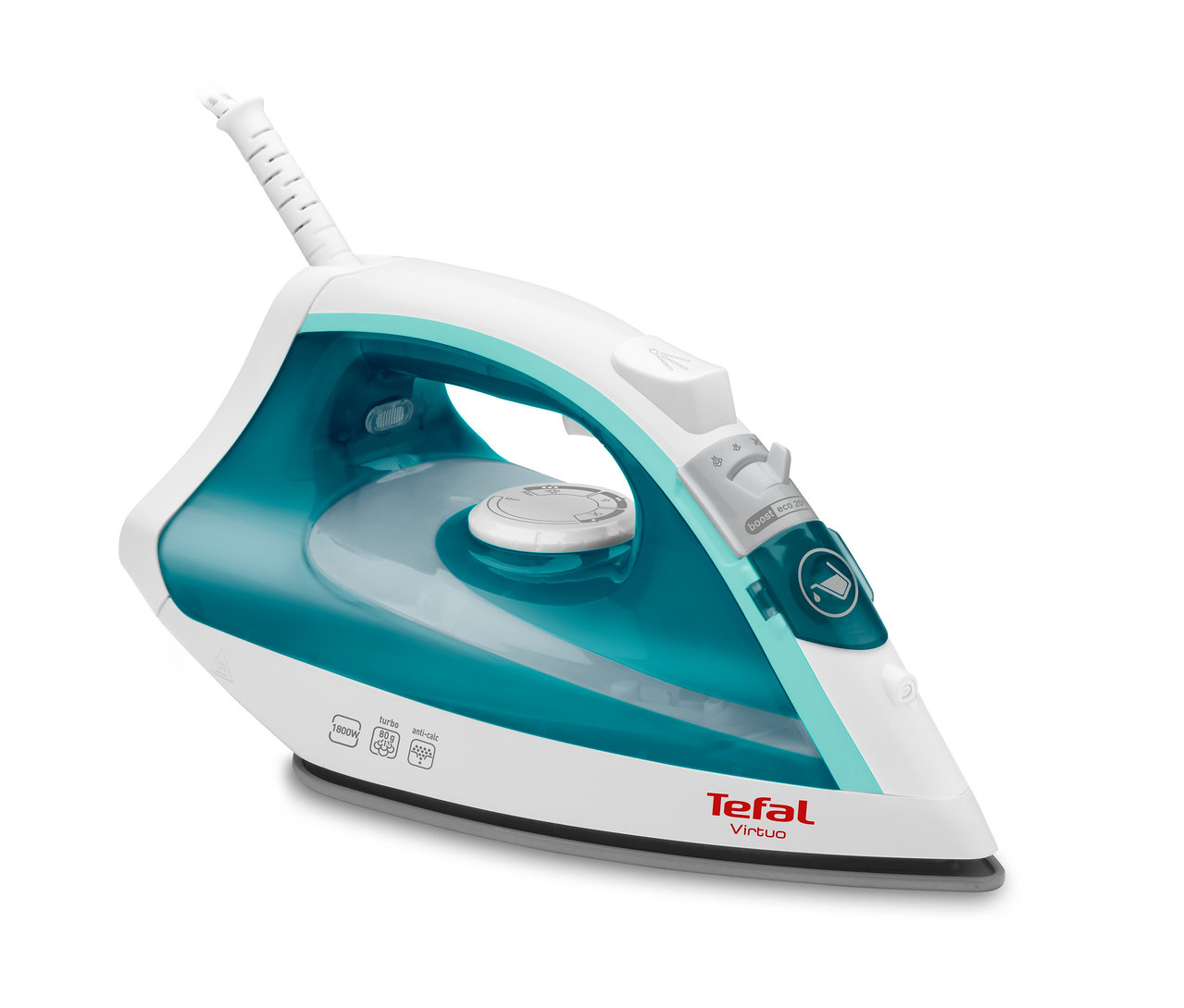 Nahaufnahme eines weißen und türkisfarbenen Tefal Virtuo Dampfbügeleisens.