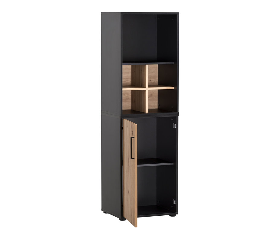 Schwarzes und hölzernes schmales Regal Aino und Aktenschrank Aino.
