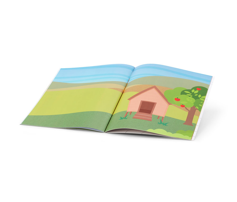 Aufgeschlagenes Stickerbuch »Auf dem Bauernhof« mit Illustration einer Farm mit Haus und Baum.