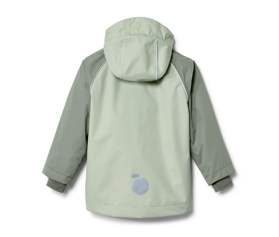 Rückseite einer hellgrünen Kleinkind-Regenjacke im Colorblock-Design mit grauen Ärmeln und Kapuze.
