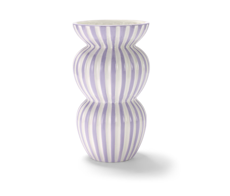 Große Vase mit lila und weißen Streifen.