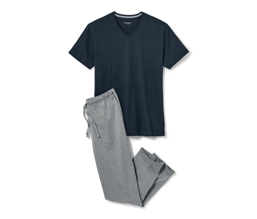 Ein marineblaues Pyjama-T-Shirt und eine graue Pyjamahose.