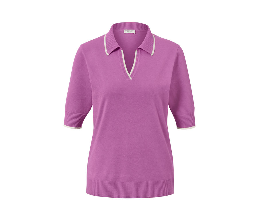 Lila Feinstrick-Polo mit weißer Bordüre.
