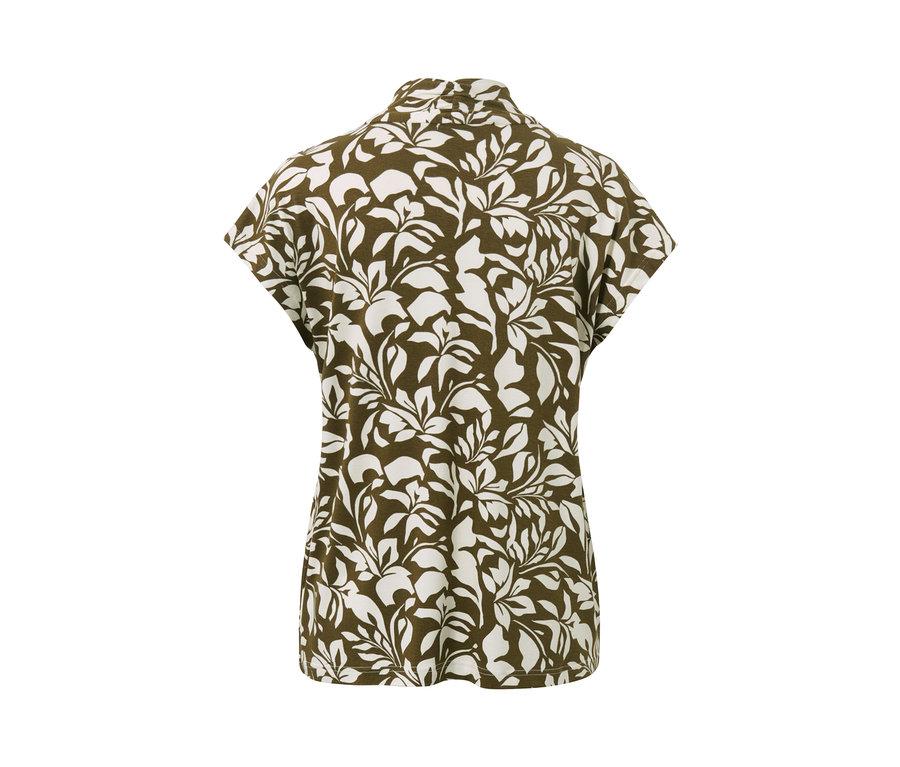 Rückansicht des bedruckten Blusenshirts mit V-Ausschnitt und Blättermotiv.