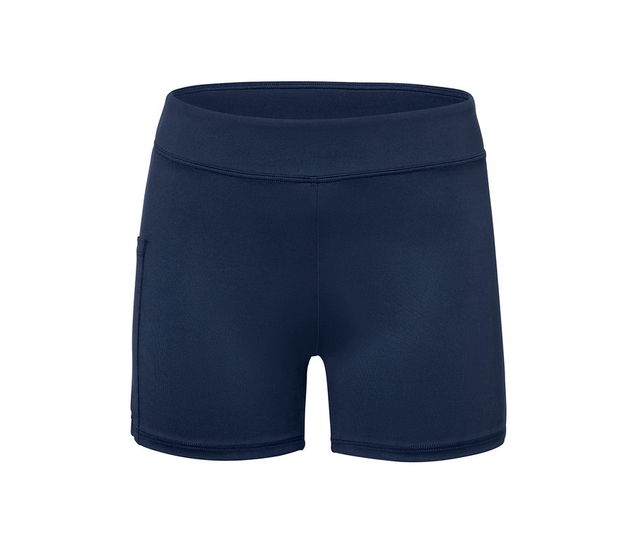 Dunkelblaue Sportshorts mit Tasche auf weißem Hintergrund.