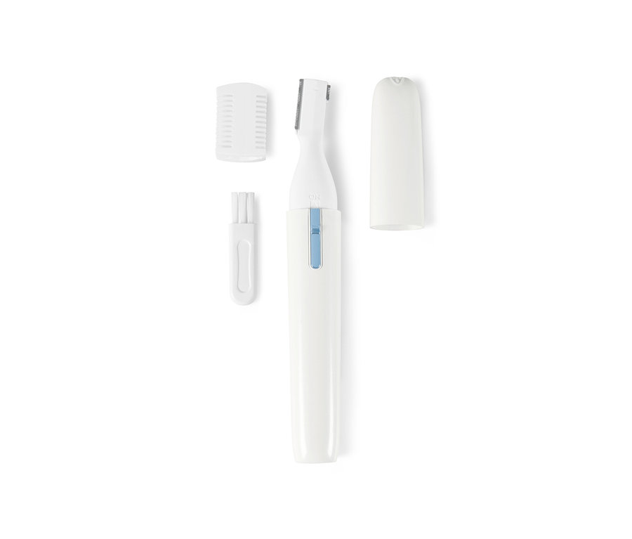 Ein weißer, elektrischer Kosmetikrasierer mit Aufsätzen und Reinigungsbürste.