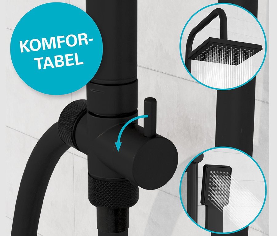 Detailaufnahme eines schwarzen Duschsets "Easy Energy" mit Kopf- und Handbrause.