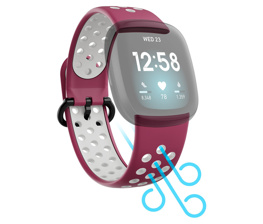 Nahaufnahme einer Fitbit Sense Gesundheits-Smartwatch in Mondweiß mit zusätzlichem Armband.