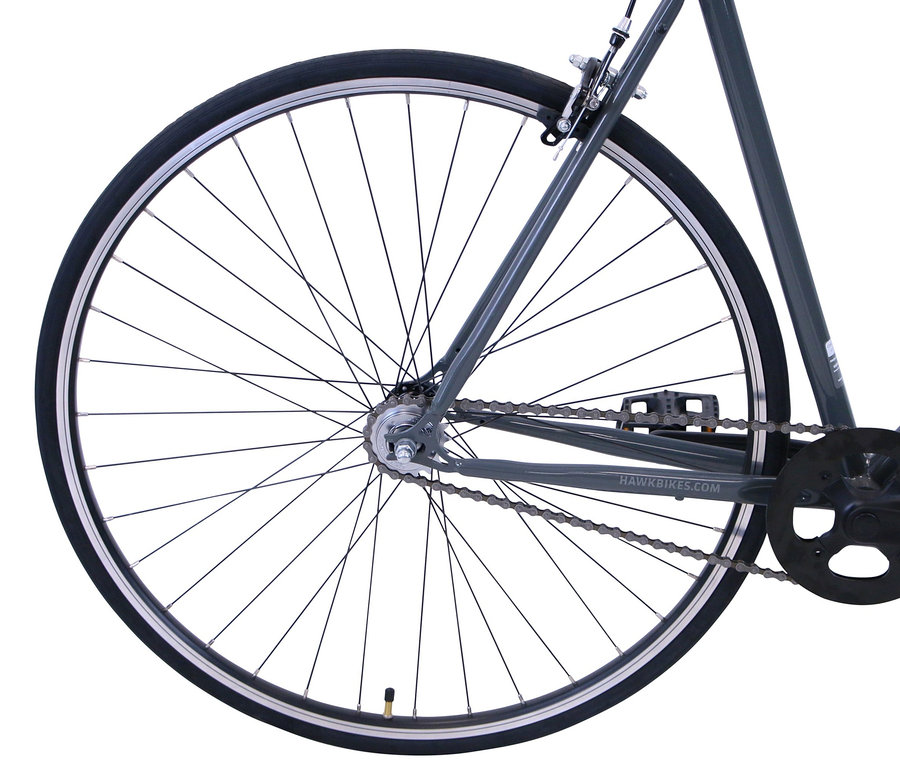 Detailaufnahme eines grauen HAWK Bikes Fahrrads "Urban Vintage Singlespeed", 28 Zoll, mit 55-cm-Rahmen.