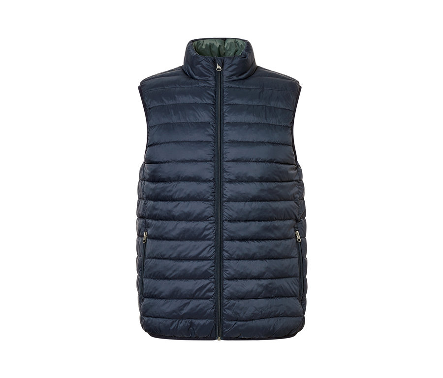 Eine marineblaue Wendeweste mit Reißverschluss in der Mitte.