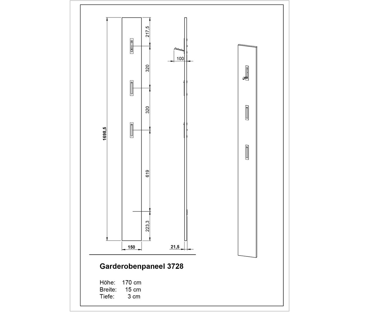 Abmessungen und Details des Wandpaneels Ameca in Eiche und Graphit.
