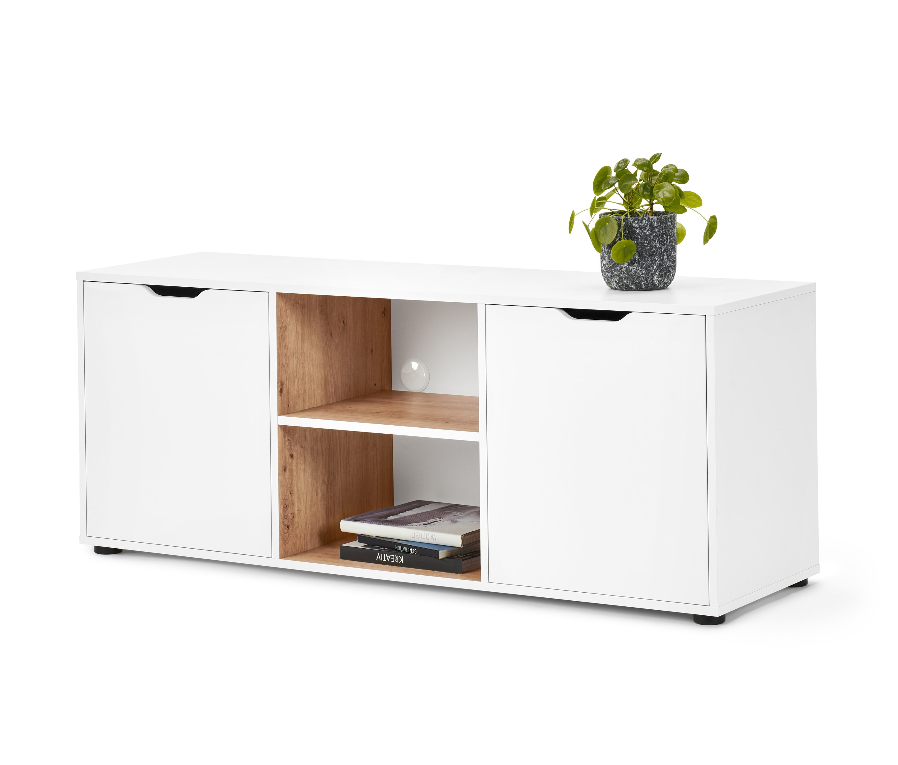 mit Schublade günstig Kaufen-Tchibo - Sideboard mit Schubladen - 140x40x55cm - braun - Holz. Tchibo - Sideboard mit Schubladen - 140x40x55cm - braun - Holz <![CDATA[Sideboard mit Schubladen Farbe: Korpus außen, Fronten und Schubladen weiß Innenseiten teilweise Eichendekor naturfarben