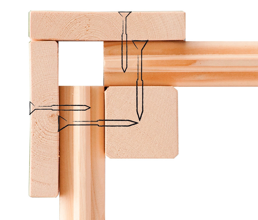Detail einer Ecke vom Karibu Gartenhaus mit Holzlager, 19 mm, mit angedeuteten Schrauben.