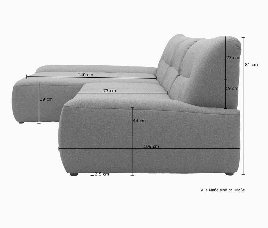 Abmessungen des grauen DOMO collection Ecksofas »Cesena«, links, in der Seitenansicht.