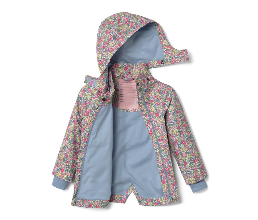Offene Kinder-Regenjacke mit Blumenmuster und Kapuze.