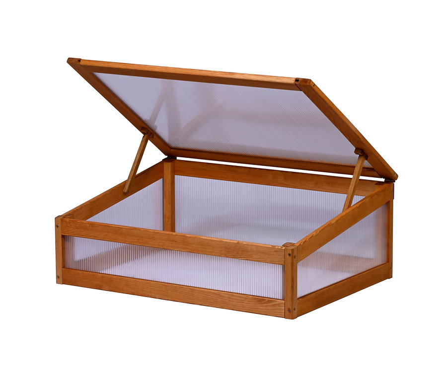 Geöffneter Frühbeet-Aufsatz für Hochbeet »Kubus« aus Holz.